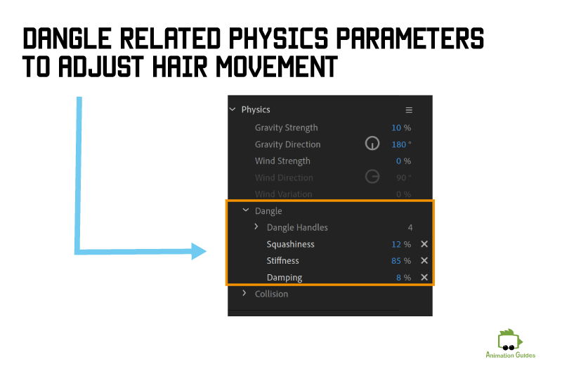 dangle physical paramters to adjust hair movement in character animator