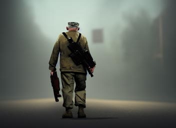 a military old man with a machine gun walking on abandoned street, back view, key lighting, soft lights, foggy, 8 k render, detailed, warhammer 40k stable diffusion