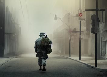 stable diffuion a military old man with a machine gun walking on abandoned street, back view, key lighting, soft lights, foggy, 8 k render, detailed, warhammer 40k