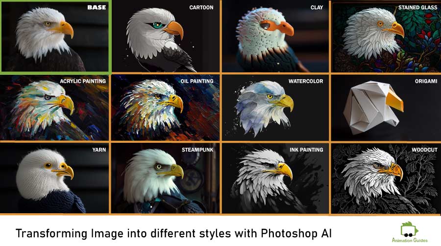 example of art style transformation for eagle image using adobe photoshop ai generation