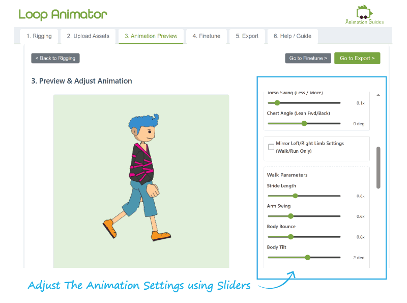 adjust animation setting with simple sliders in loop animator animation guides