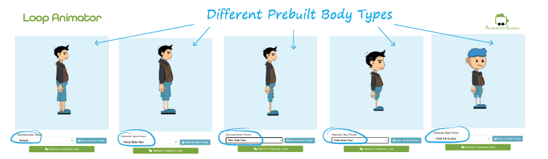 different prebuilt body types for character random creation in loop animator on animation guides