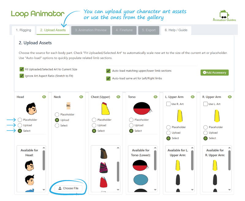 upload your own art or use the one from the gallery for your character animations