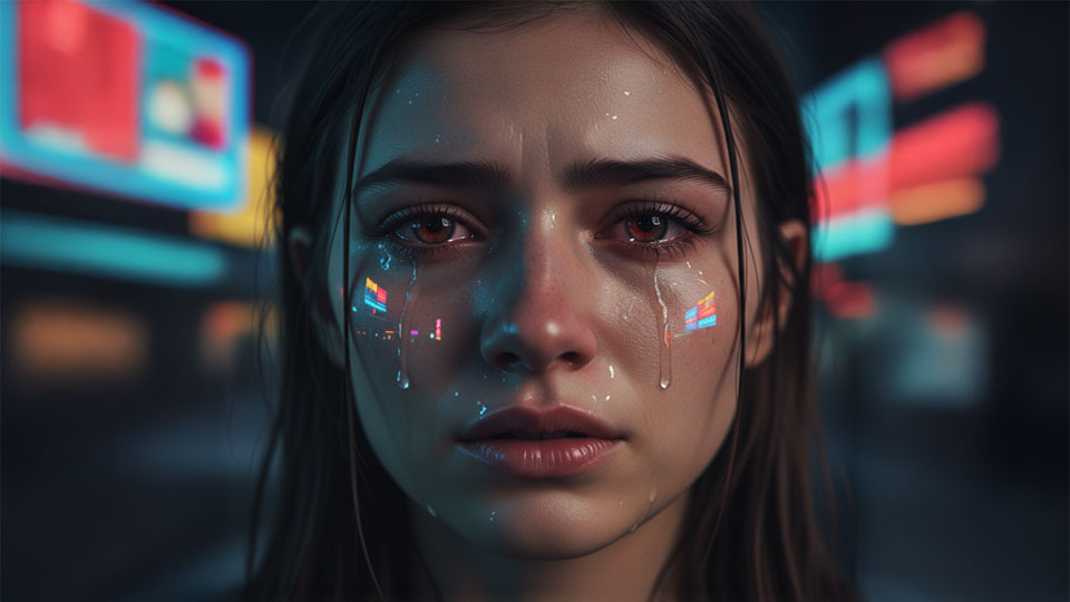 close up of ai prompt example a young womans face with tears reflecting neon city lights at night