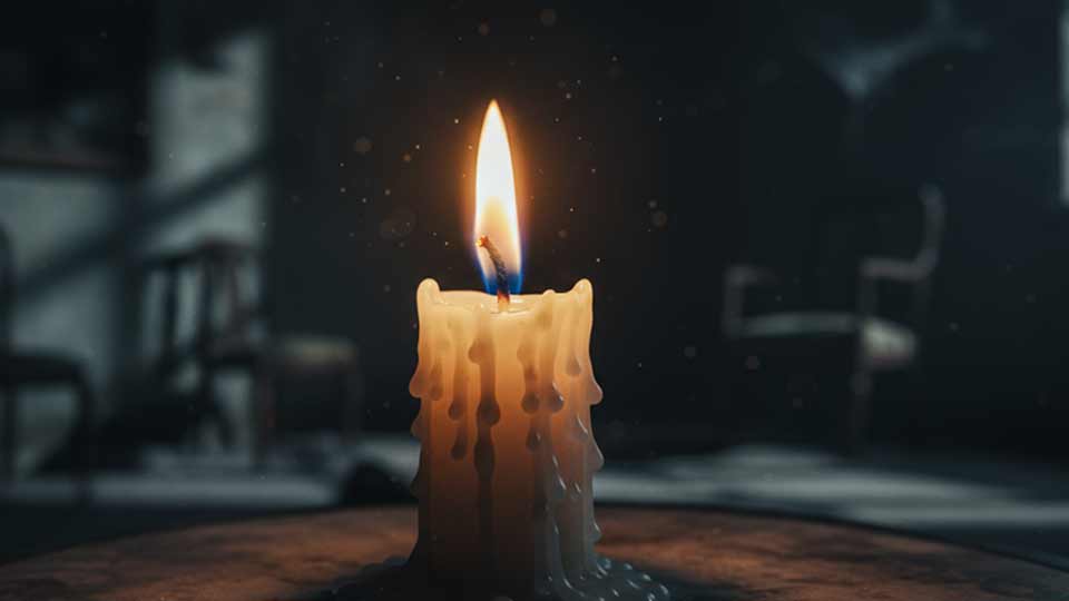 extreme close up ai prompt example tracking a dripping candle flame in a dark, haunted room, dramatic shadows