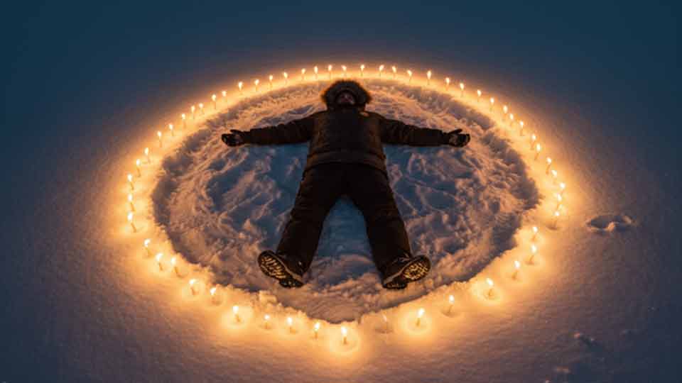 gods eye angle ai prompt example of a man lying in the snow, surrounded by glowing candles