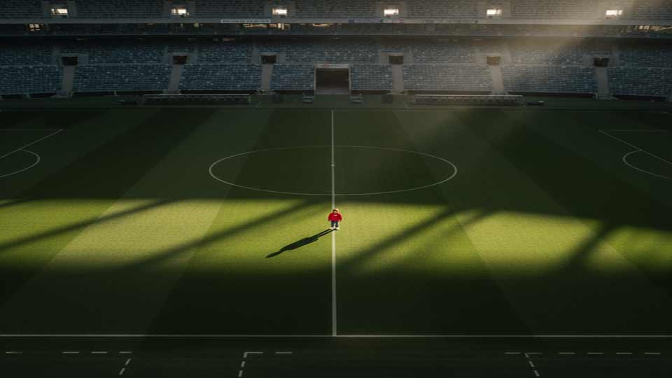 high angle shot ai prompt example of a child standing alone in a huge empty stadium, dramatic lighting