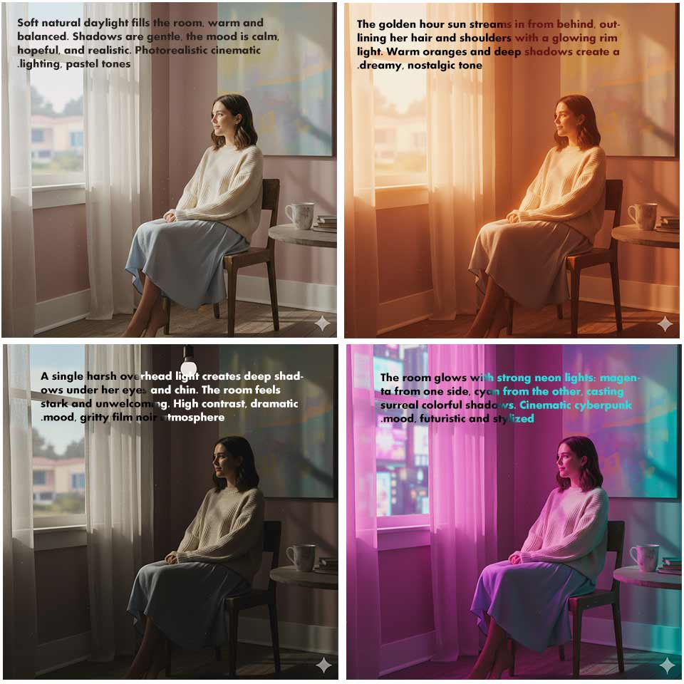 lighting prompt examples for the same type of shot