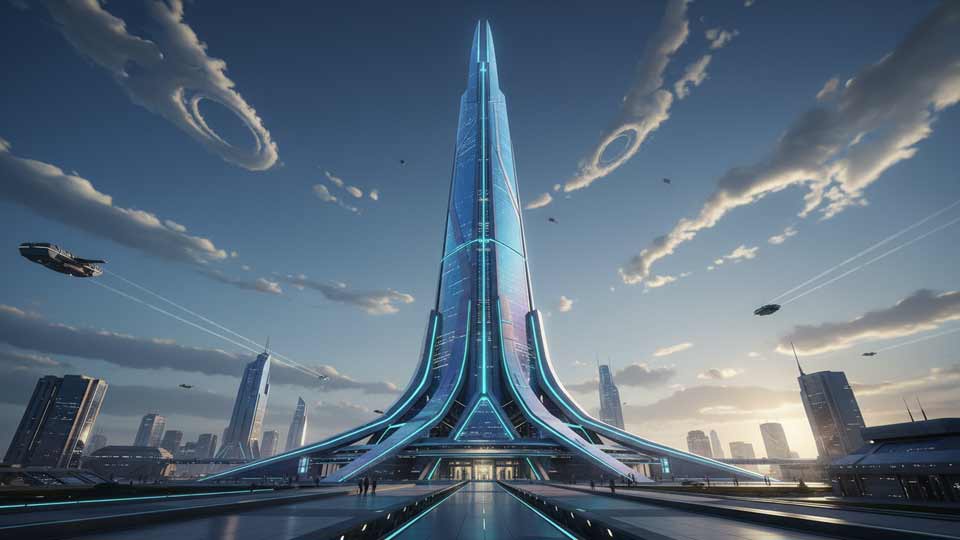 low angle shot ai prompt example of a futuristic skyscraper towering into the sky, cinematic epic scale