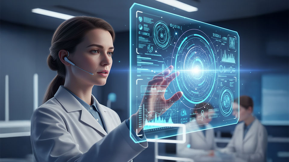 medium close up ai prompt example of a scientist explaining data on a futuristic holographic screen