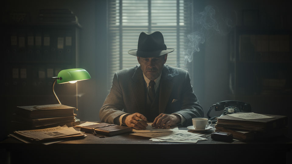 medium shot ai prompt example detective sitting at a desk in a dimly lit office, cigarette smoke curling in the air