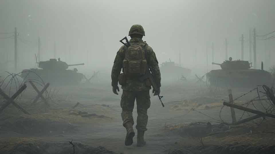 over the back shot ai prompt example soldier walking into a foggy battlefield