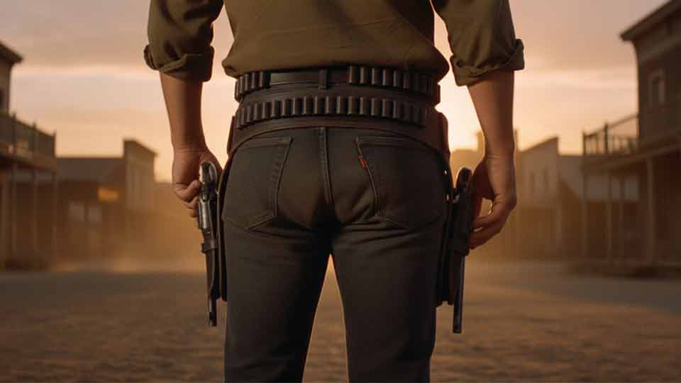 over the hip shot of a cowboy ai prompt example ready to draw his revolver at sunset