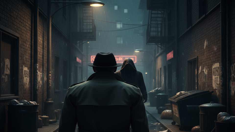 over the shoulder shot ai prompt example of a detective facing a mysterious figure in a dark alley, moody cinematic lighting