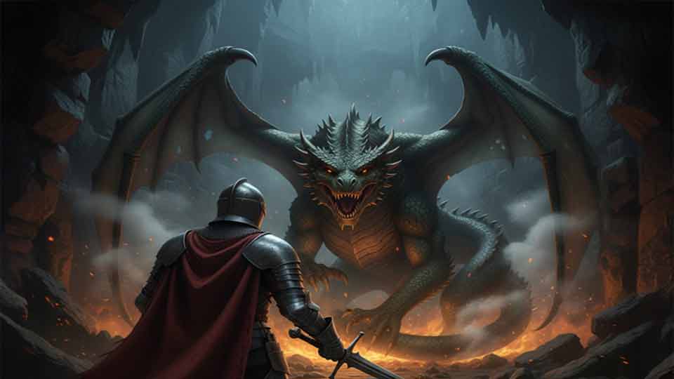over the shoulder shot ai prompt example of a knight facing a dragon in a smoky cave