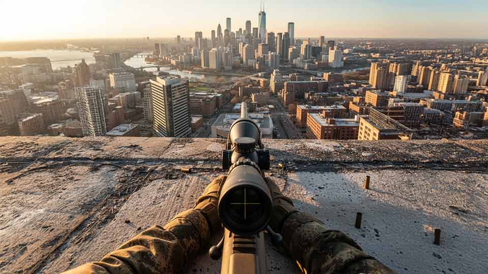 over the weapon shot ai prompt example of a sniper aiming through scope at city skyline