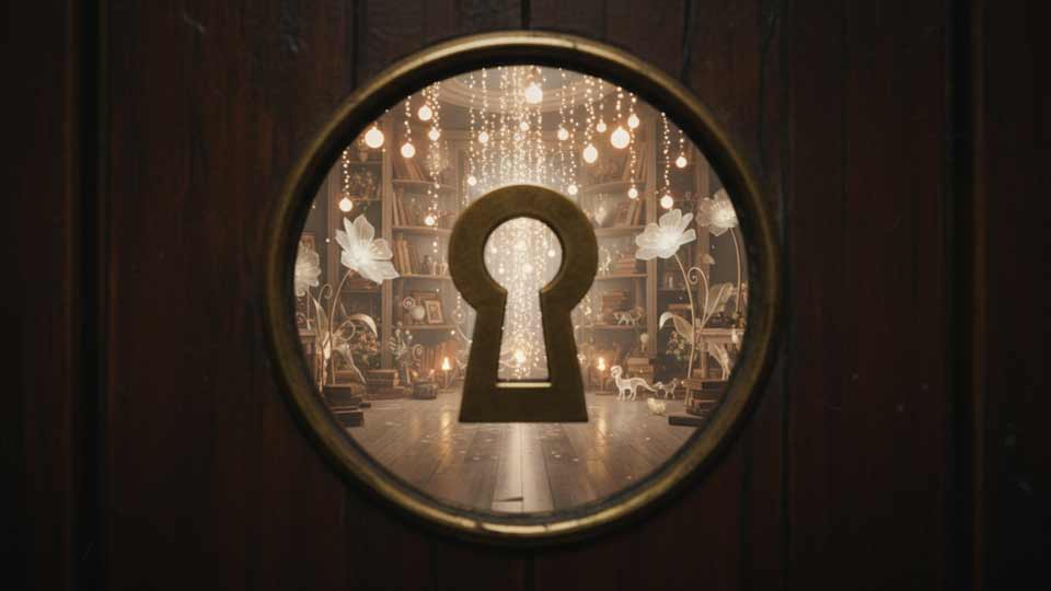 pov shot ai prompt example of a child looking through a keyhole into a magical glowing room, soft lighting