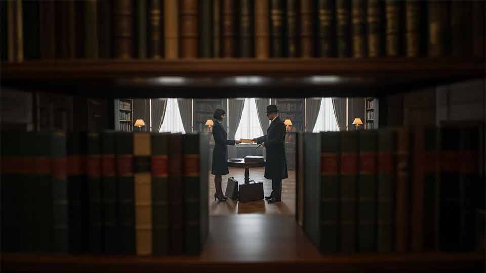 shot framed behind bookshelves ai prompt example