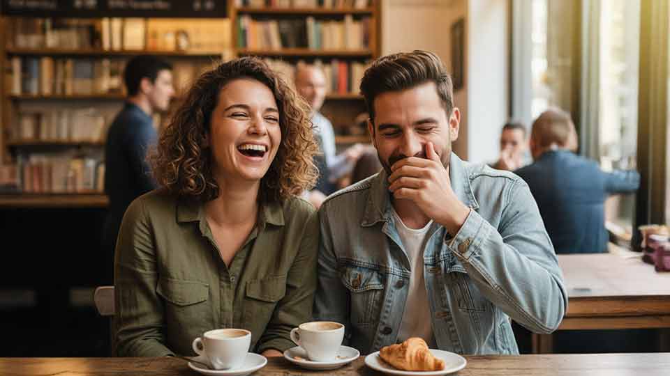 shoulder level ai prompt example shot of two friends laughing together at a cafe table