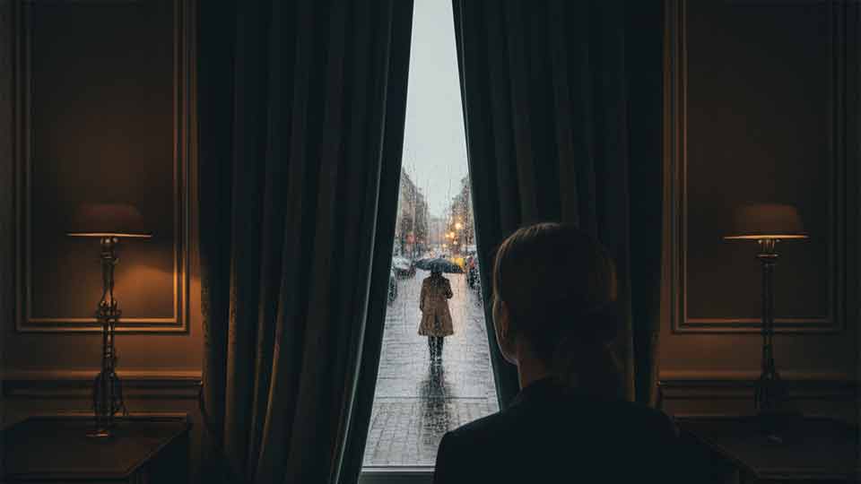 shoulder peek shot ai prompt example behind curtains, watching a stranger outside in the rain