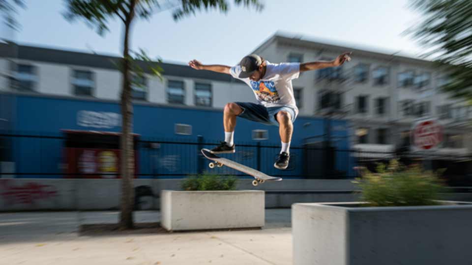 swish pan shot ai prompt example of a skateboarder jumping over urban obstacles, motion blur, dynamic angle