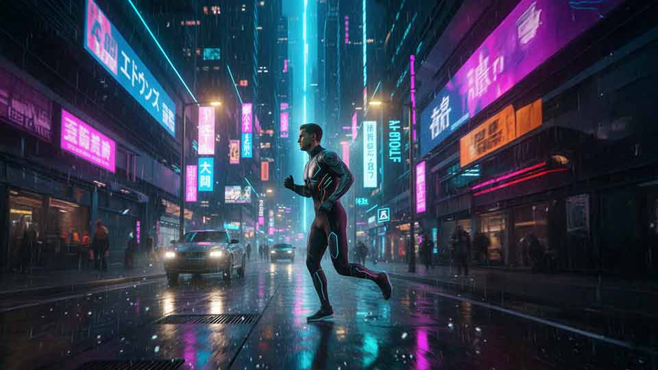 tracking side shot ai prompt example of a runner sprinting through neon lit cyberpunk streets