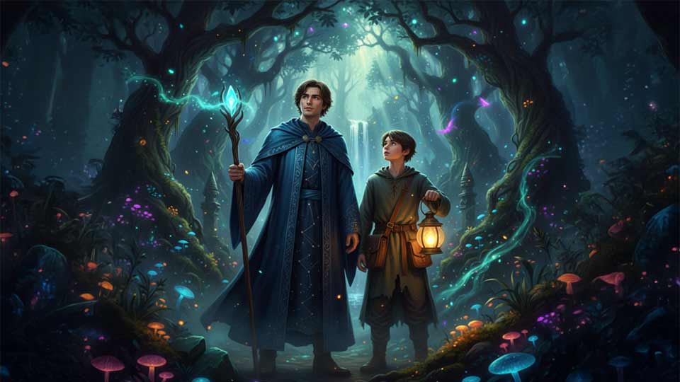 two shot ai prompt example of a young wizard and apprentice standing in a mystical forest, cinematic lighting, fantasy atmosphere