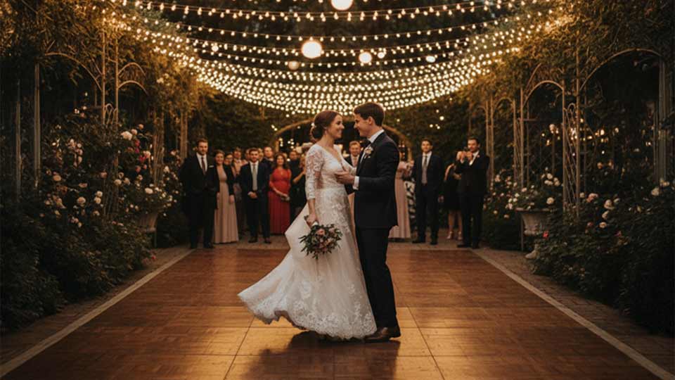 wide shot ai prompt example of a wedding couple dancing under fairy lights in an outdoor garden, guests blurred in the background