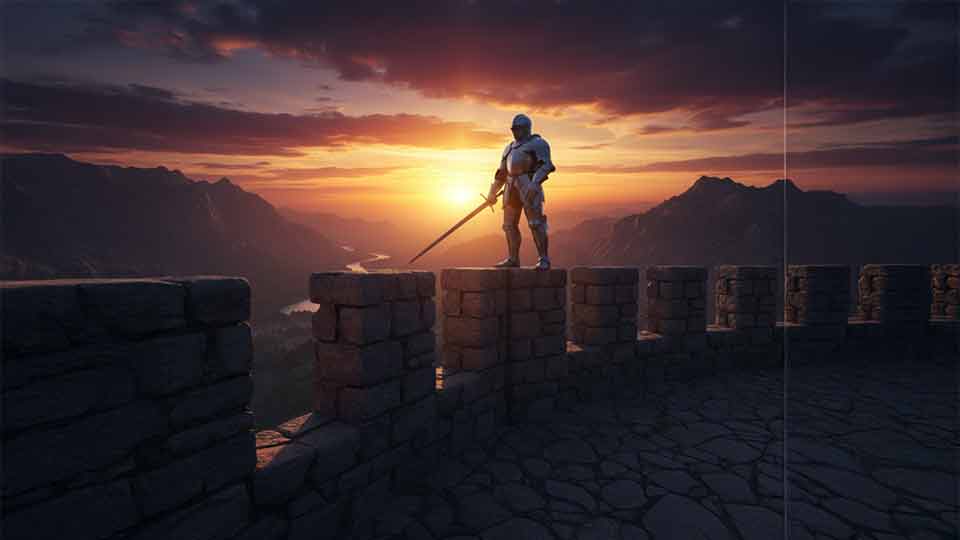 worms eye view ai prompt example of a knight standing on castle walls against the sunset