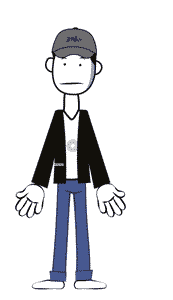 Reuben Puppet gray hat blue pants say hi