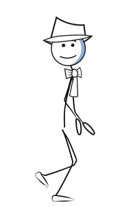 stick figure puppet with a bow walkign in place in ch
