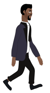 kevin puppet african american male walks in-place in purple jacket black pants