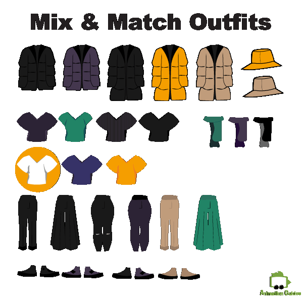 Mix and match outfits items for customizable Tamara puppet adobe Ch.