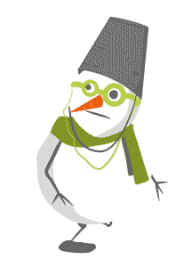 walking snowman puppet with green scarf and bucket hat