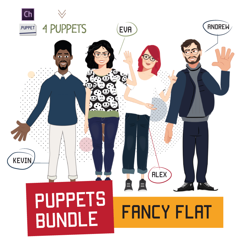 fancy flat four puppet bundle for adobe character animator alex eva andrew and kevin