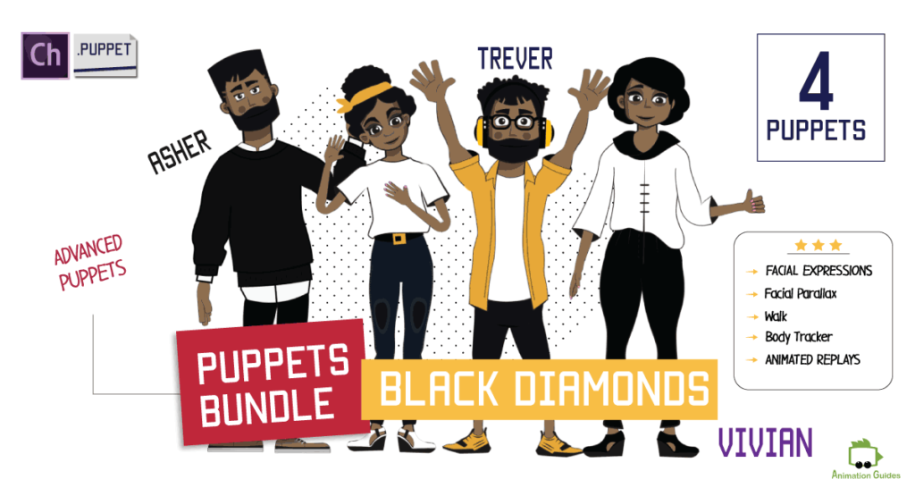 black diamonds bundle with 4 african american puppets for adobe character animator
